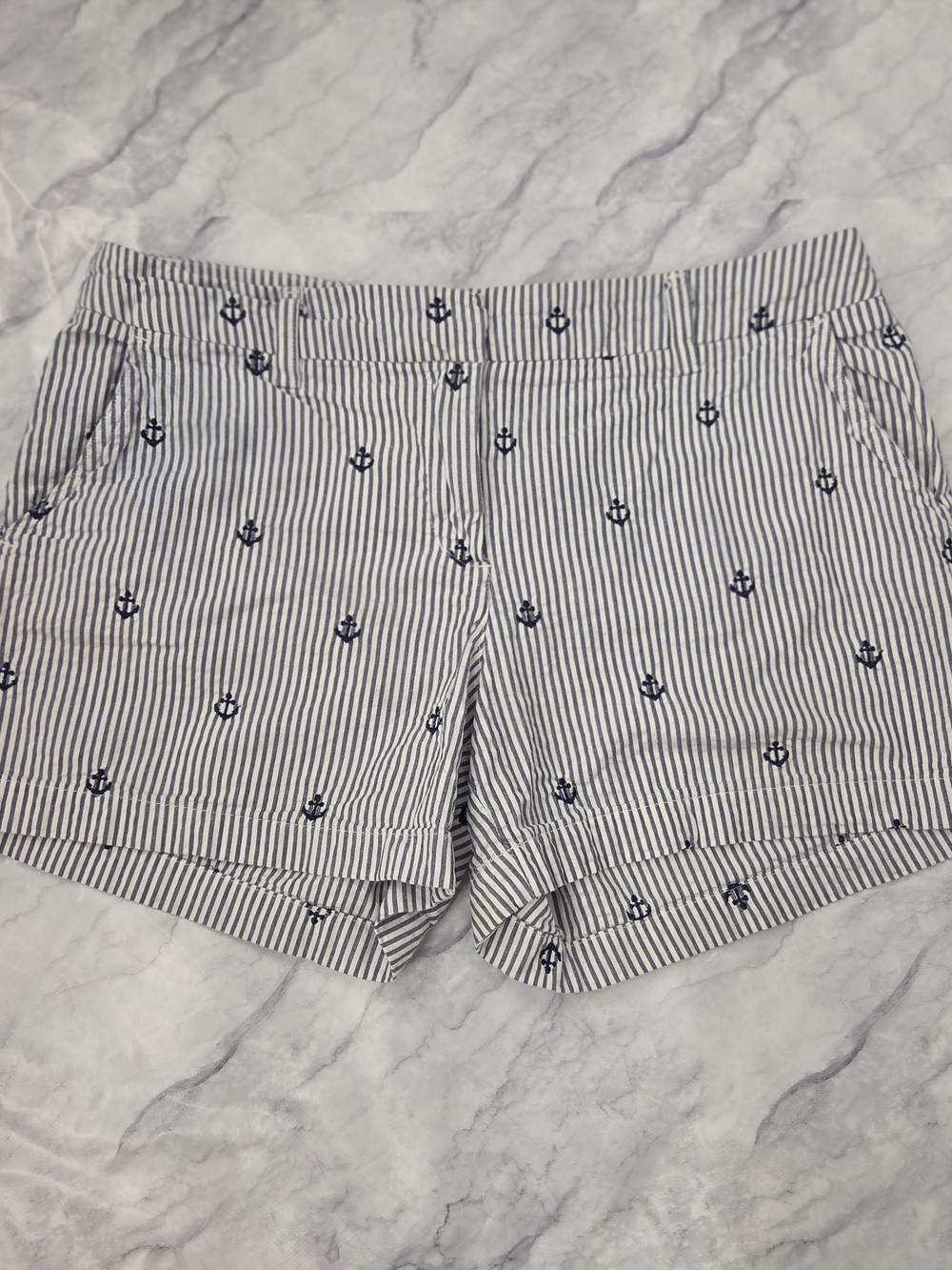 British Khaki Nautical Sailor Striped Embroidered Anchor Chino Shorts 8 Preppy